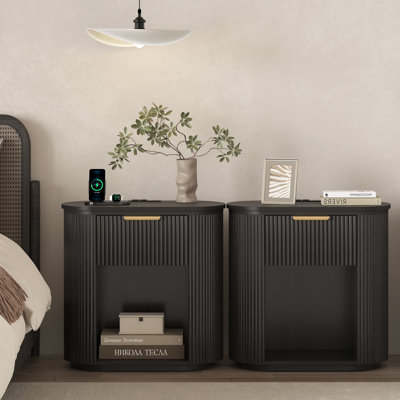Reeded Nightstand With 1 Drawer, Open Shelf Storage Built-in Outlets USB Type-C Charging Station