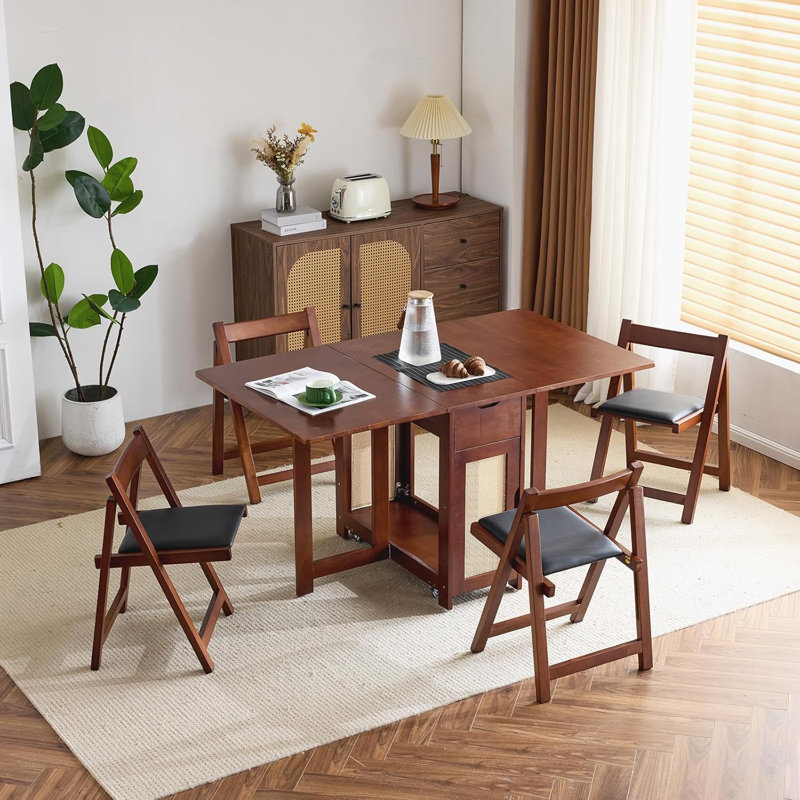 4PCS Walnut Wood Upholstered Foldable Dining Chairs