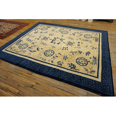 Antique Ivory Beige Cream White Rectangle Hand Knotted Pile 1900s Wool Allover Floral Rug