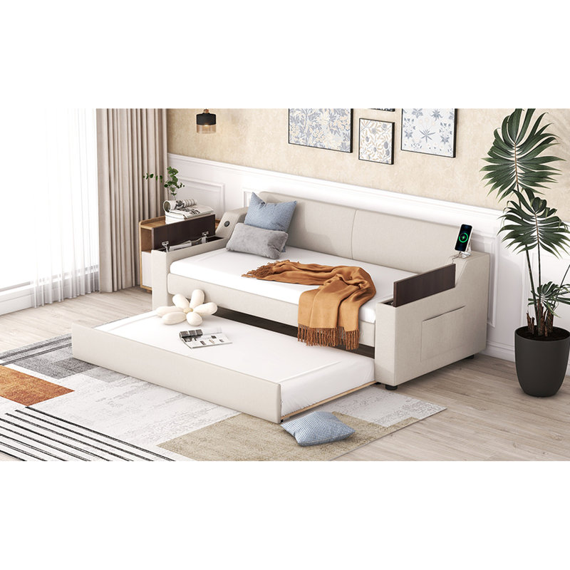 Lit de jour beige avec structure solide et lit gigogne beige