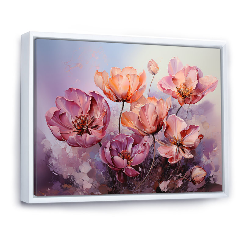 «Farmhouse Purple Ad Coral Tulips Florescence», reproduction sur toile, Cadre flottant blanc, H 16 po x l 32 po