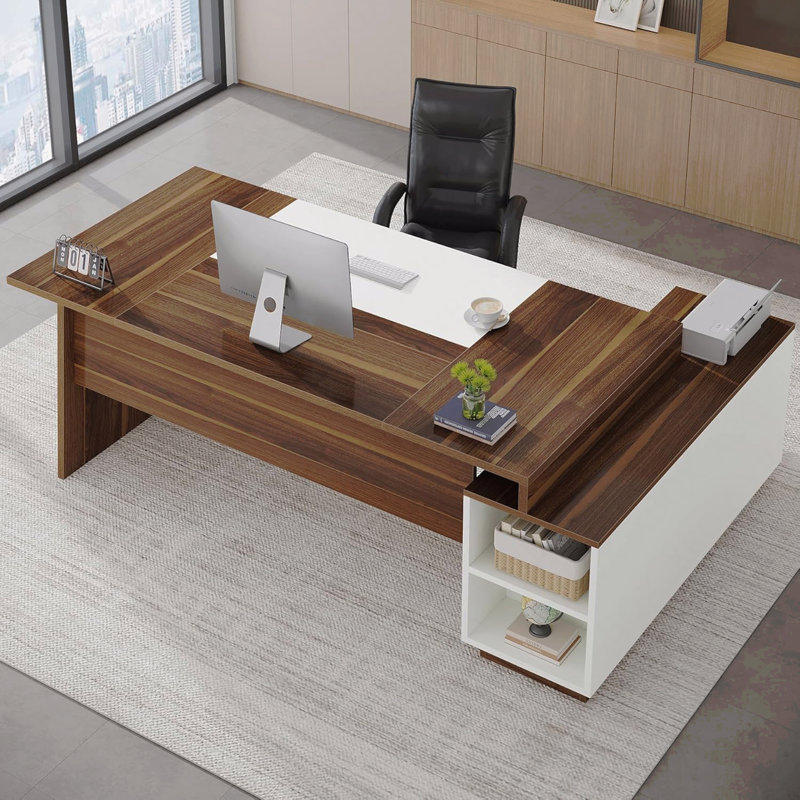Bureau de direction en L 70,5 po, grand poste de travail moderne Mid-Century noyer et blanc