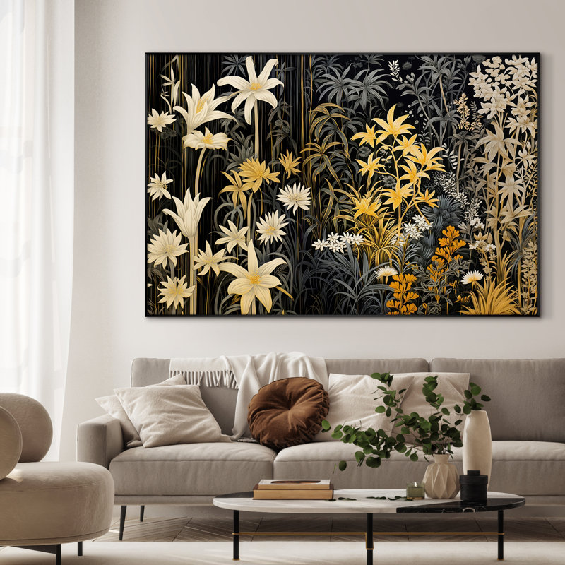 Très grand imprimé floral doré sur fond de jardin - Illustration botanique moderne avec décor de contraste jaune et noir pour le salon ou la chambre à coucher, assemblage de cadre requis
