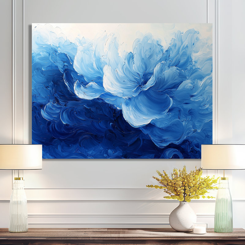 Motif de pétales de fleurs délicats bleu et blanc - fleurs abstraites, impression sur métal, H 30 po x l 40 po