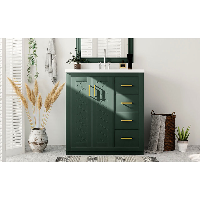 Meuble-lavabo de 30 po avec cadre en bois massif, charnières, planches, rangement spacieux pour les articles de toilette, style rétro et produits uniques à motif de rainures,