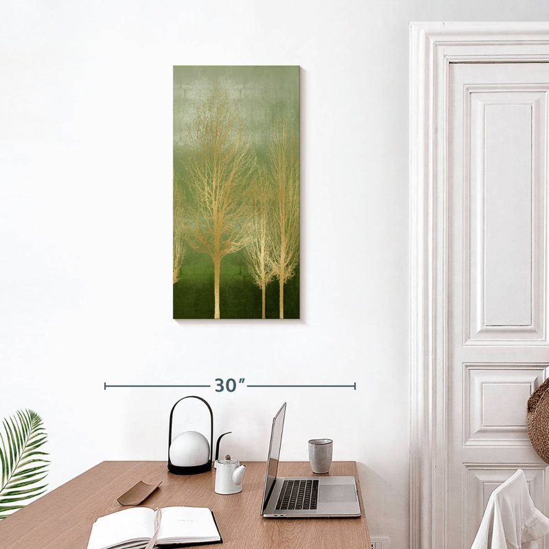 Arbres dorés sur panneau vert I, H 30 po x l 15 po