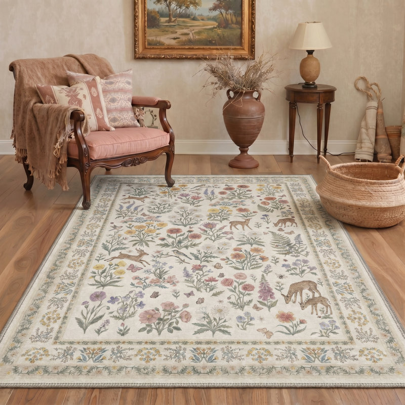Alessio Floral Deer Vintage Machine Washable Beige / Green Indoor Area Rug with Non-Slip Backing, Rectangle 8' x 10'