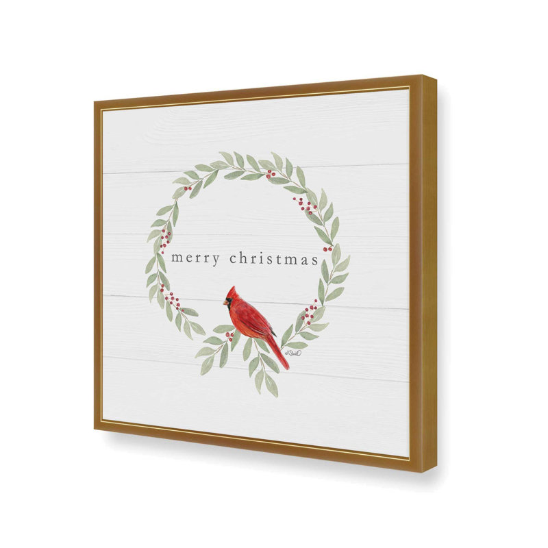 Merry Christmas Cardinal Wreath By Kate Sherrill Art Print, Open Corner Framed Print Paper without Mat, 13.5" H x 13.5" W