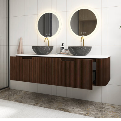 Meuble-lavabo de 60 po de couleur noyer avec lavabos, armoire de rangement de salle de bain murale à bords arrondis flottants et rayés avec 2 tiroirs, 2 lavabos bol en céramique noire avec motif de pierre, pré-assemblé