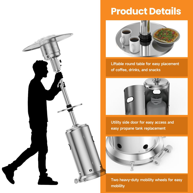 Chauffe-terrasse 48 000 BTU, chauffe-parasol au propane avec brûleur en acier inoxydable