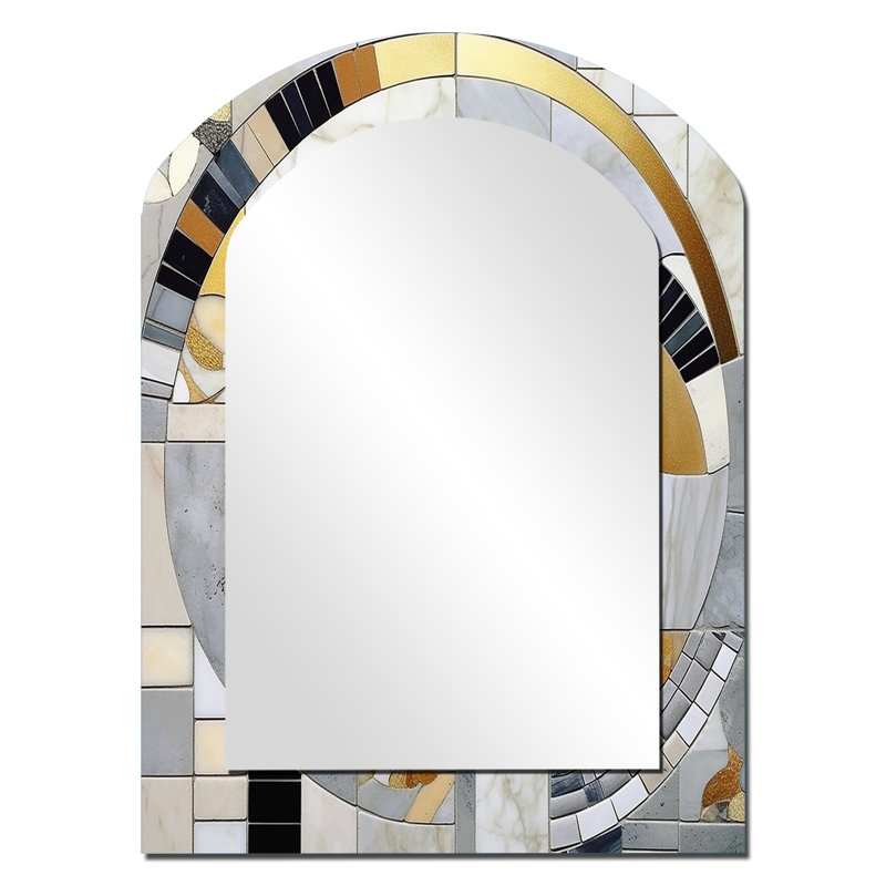 Grey and Yellow Mosaic IV - Abstract Shapes Asymmetrical Large Wall Mirror, Modern Arch Unique Mirror, Printed Metal Art