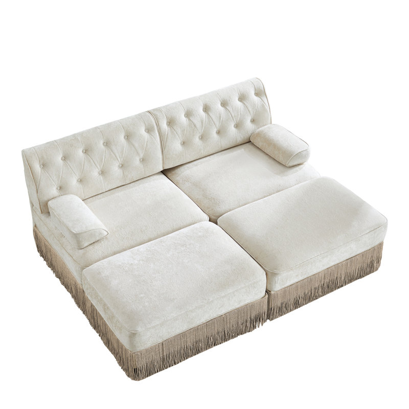 U-shaped, breathable, comfortable fringe-trimmed sofa, Beige Velvet, 34.2" H x 76.6" W x 60.3" D