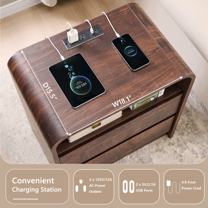 Maud 25" Tall Modern Nightstand with Charging Station, 23.6'' Wide Wood Bedside Table w/2 Storage Drawers, Large Mid Century End Table for Bedroom