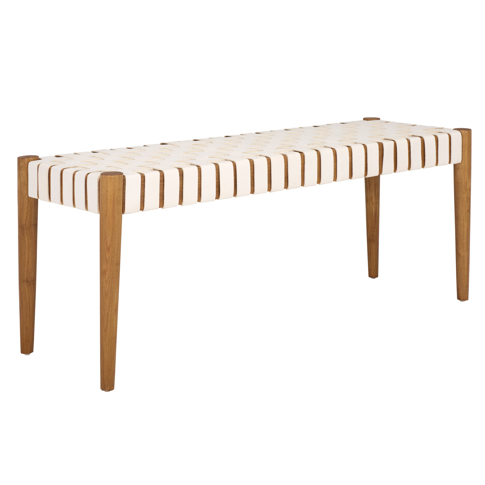 Orin 47" Woven Leather Dining Bench, White Faux Leather