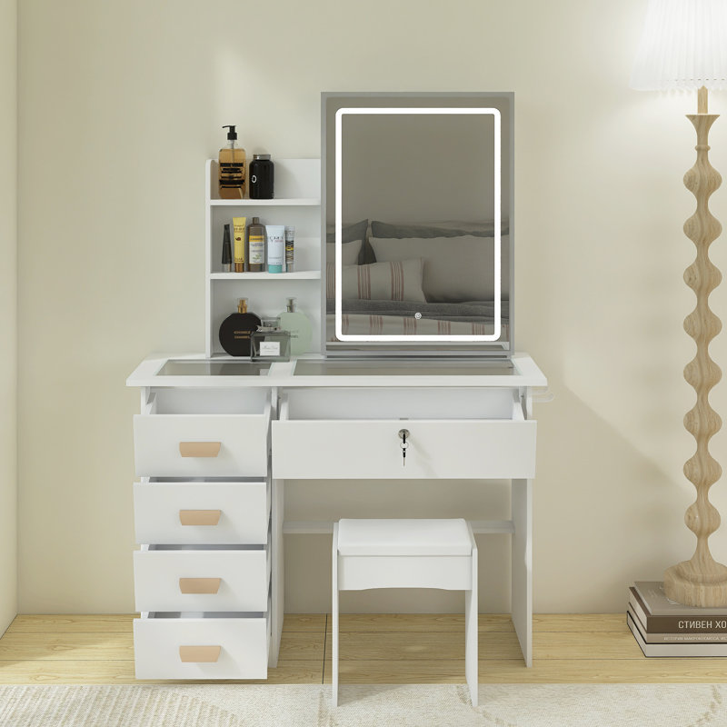 Table de coiffeuse intelligente avec comptoir transparent, 5 tiroirs et miroir lumineux DEL