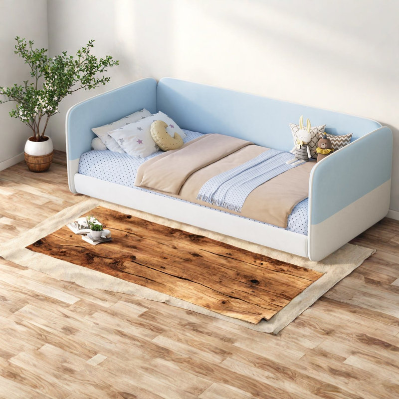 Lits jumeaux sécurisés, cadre de sol Montessori moderne recouvert de velours pour la maison, Bleu
