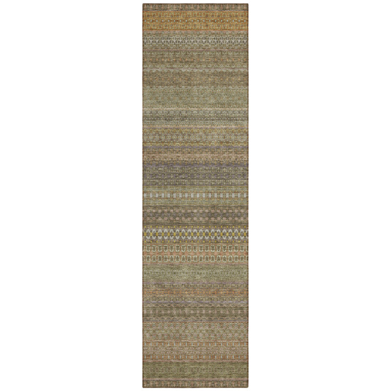 2' X 8' Khaki Striped Washable Indoor Outdoor Runner Rug