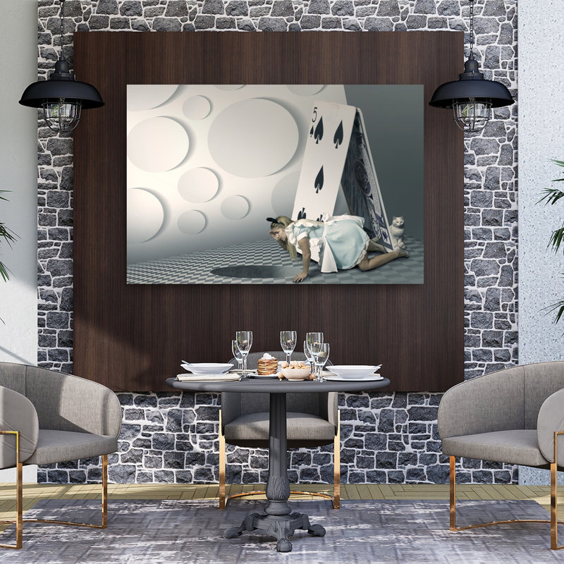 Alice'S Curious Journey Surreal Whimsical Contemporary Cat Rabbit Wall Art Print 1 Piece Wrapped Canvas Wall Art