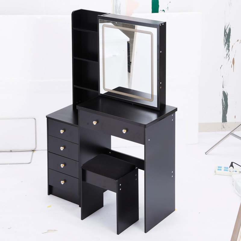 Meuble-lavabo moyen 37 "et tabouret rembourré 37", commode tricolore, miroir à DEL réglable en luminosité, rangement grande capacité, design américain, ensemble option noir