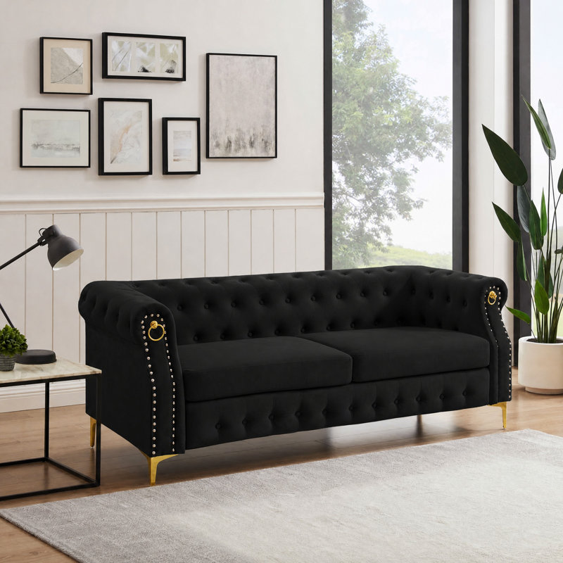  83.5" Velvet Chesterfield Tufted Sofa, Black