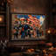 Fanfare de squelettes avec grand drapeau américain - Toile murale d'Halloween-9516024