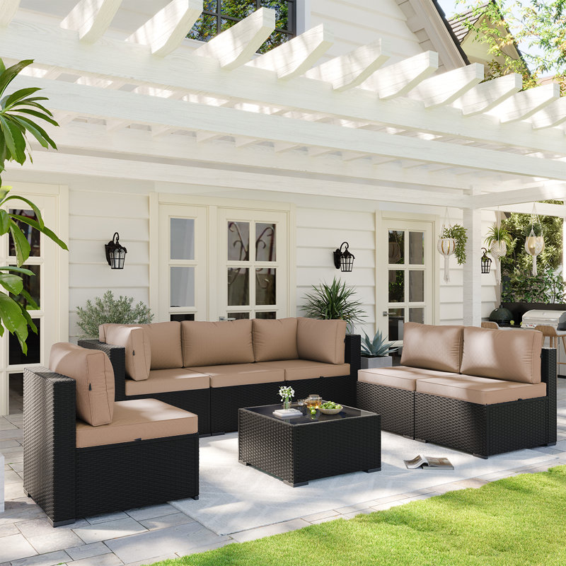 7-pieces Outdoor Rattan Wicker Sectional Seating Group With Cushions, Beige Cushion/Black Frame