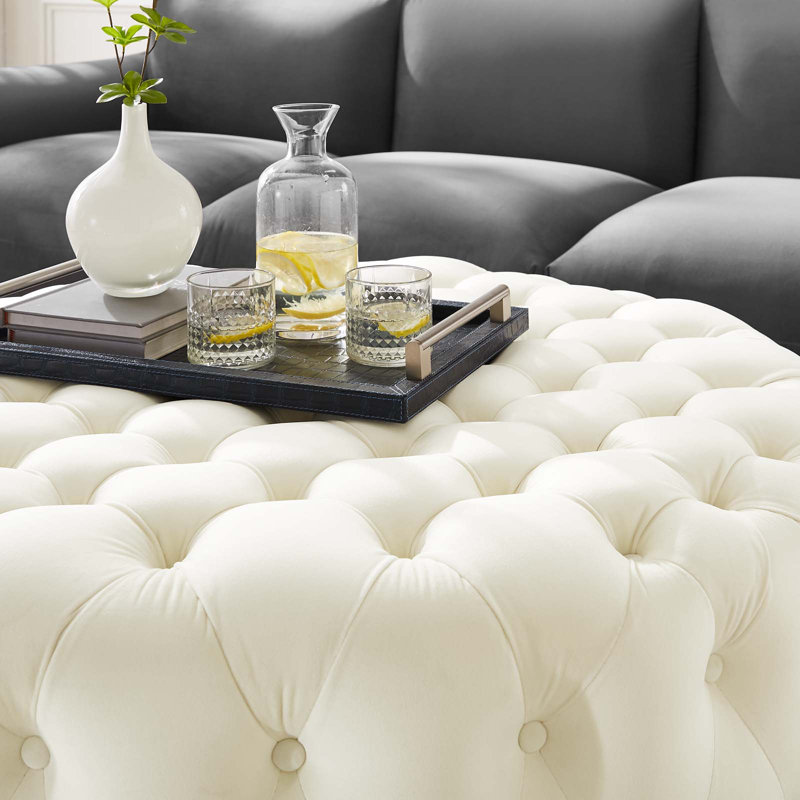Amour 40'' Ivory Velvet Tufted Large Round Ottoman