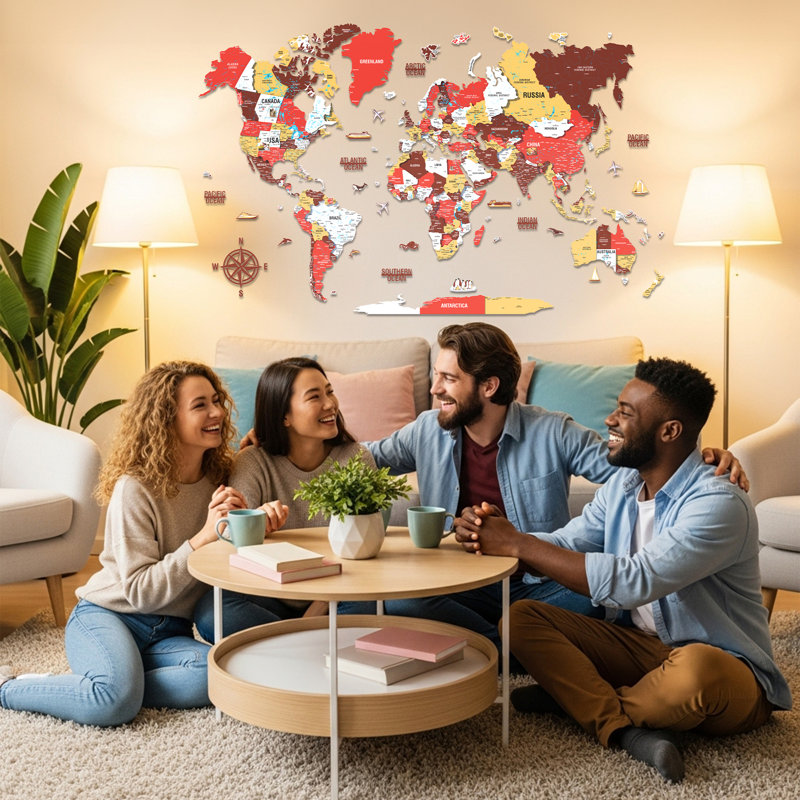 3D Wooden World Map – UV Printed Wall Art, Modern Home & Office Decor, 75cmH x 120cmW x 1cmD, Red/Yellow/Brown/White