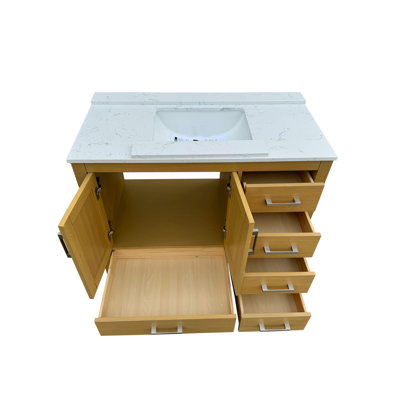 Meuble-lavabo de salle de bain 42 po, 2 tiroirs 5 portes en chêne, comptoirs, céramique, mécanismes, contreplaqué de bois massif, finition peinte à l'eau avec trou de robinet, 2 portes de rangement 5, lavabo en céramique, portes,