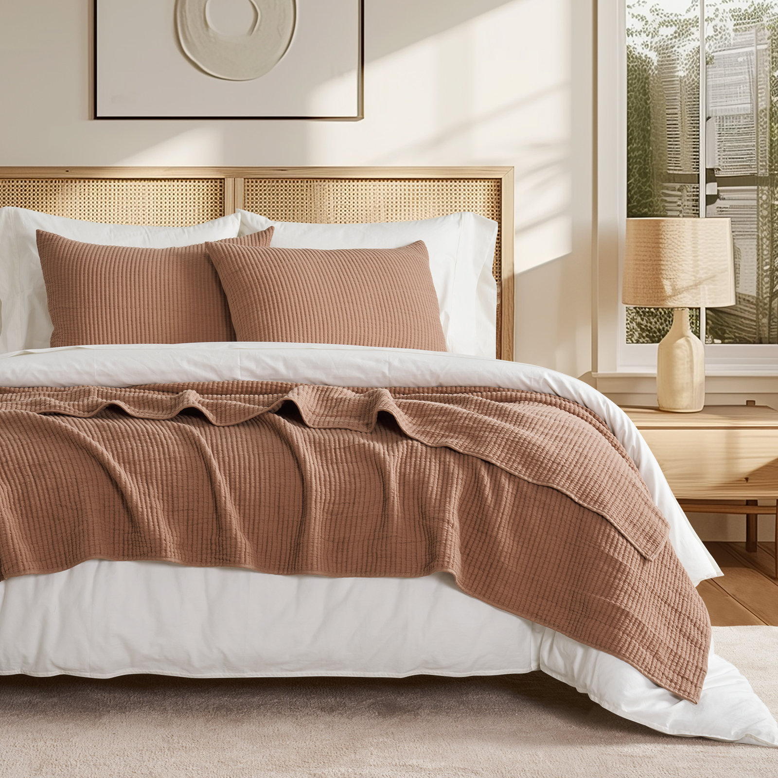 Ribbed Matelassé Cotton Coverlet Set, Clay, Queen Quilt + 2 Queen Shams