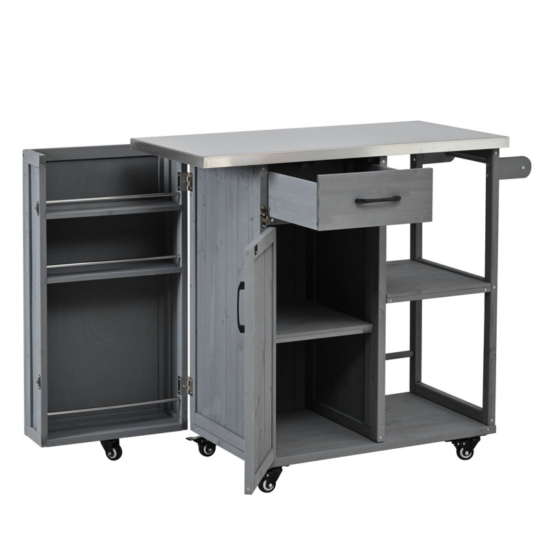 Îlot de chariot de bar extérieur avec plateau en acier inoxydable, Argent, Gris