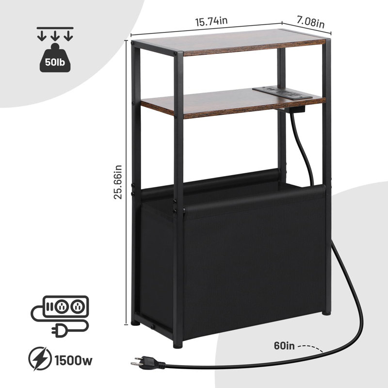 Narrow Side Table With Charging Station, Storage Bag, And Space-Saving Design
