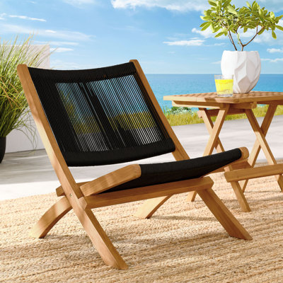 Vienna Outdoor Patio Teak And Rope Folding Accent Lounge Chair In Natural Black