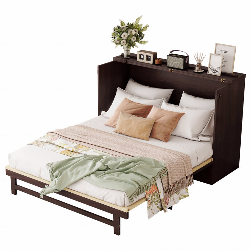 Grand lit escamotable pliant, armoire en bois de pin avec décoration en rotin et tiroir de rangement, Noir