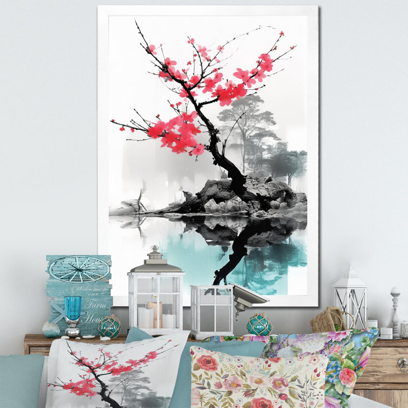 Art asiatique, lac Sumi I sur toile, H 32 po x l 16 po x P 1 po, Cadre photo blanc