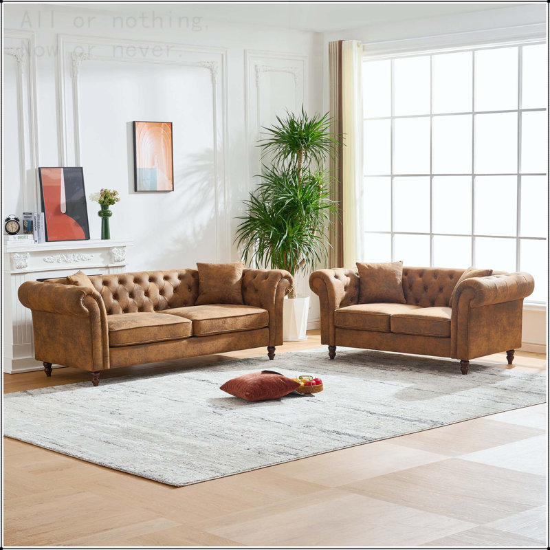 Ensemble de canapés en tissu Chesterfield ‌tech à 3 places et 2 places, canapé à accoudoirs roulés en tissu High-Tech, canapé Mid-Century rembourré, canapé 3 + 2 places pour salon, bureau, appartement, brun
