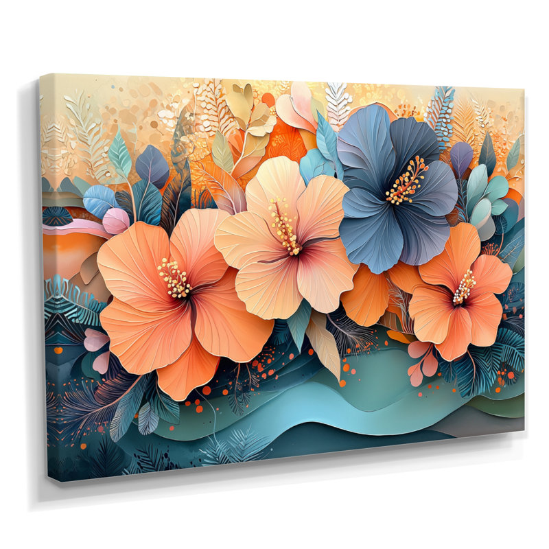 Hibisuc tropical dans une symphonie côtière II - Hibiscus, art mural, H 24 po x l 32 po, Toile tendue, Ne s’applique pas