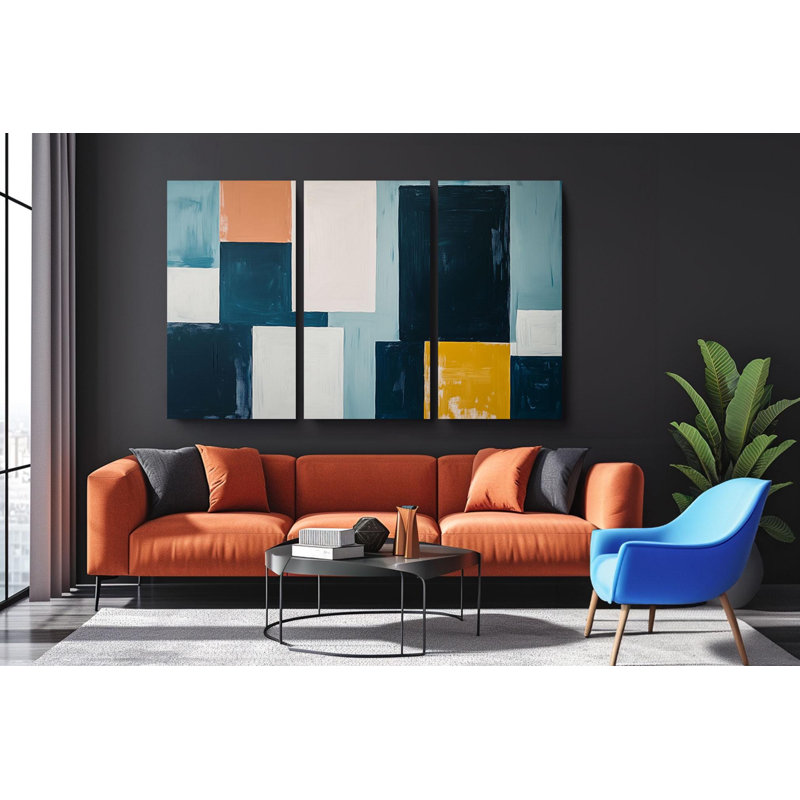 Moutarde de grande taille, abstrait, triptyque, art géométrique bleu sarcelle, toile de qualité musée | Reproduction d'art, encre résistante à la décoloration, prête à accrocher, décor moderne