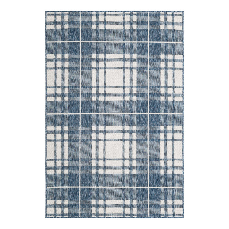 Tapis bleu / blanc en polypropylène tissé à la machine Tereon, Rectangle 4 pi 1 po x 6 pi 1 po