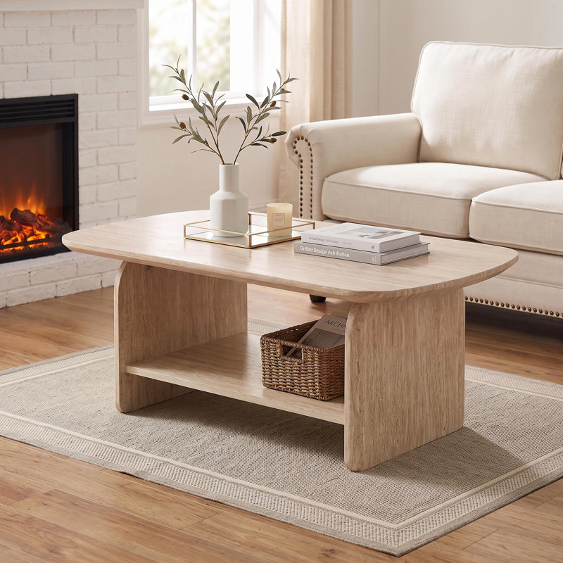 Table basse ovale de 97 cm avec rangement, table centrale à deux niveaux de style moderne du milieu du siècle pour salon
