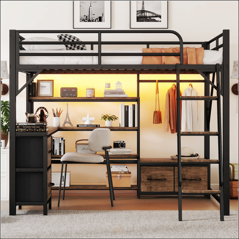 Grand lit mezzanine avec bureau et DEL, Grand lit