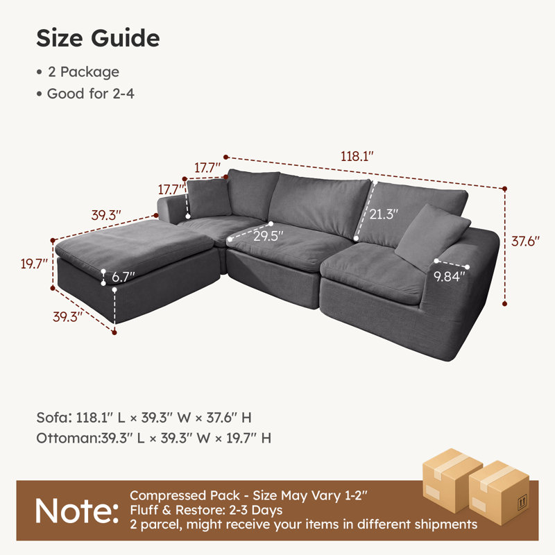 Boneless Modular Sectional Boneless Couch, Oversized Cloud Sofa With High Back Pillows, No Assembly Required Couches For Living Room & Apartment, Comfy Seating For Families & Renters