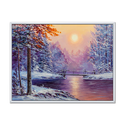 Coucher de soleil sur un pont de rivière d'hiver, art mural traditionnel sur toile