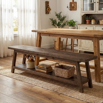 63 Inch Solid Wood Dining Bench with Storage Shelf, Farmhouse Wide Kitchen Bench Seats 2-3 People for Dining Room