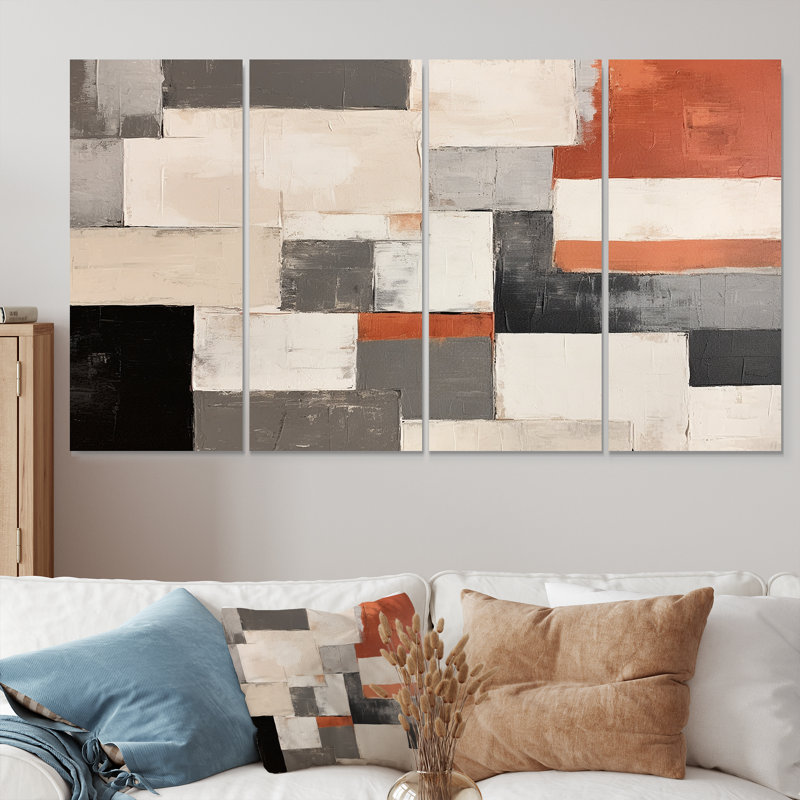 «Earthy Abstraction Cubist Modernism Beige Brown», art mural abstrait pour le salon, 4 pièces, H 32 po x l 64 po