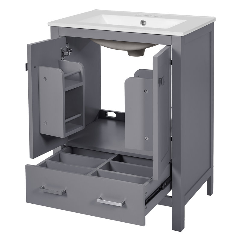 Meuble-lavabo autoportant gris Valerio de 24 po avec lavabo en céramique, tablette de porte à deux couches et rangement facile pour deux espaces de rangement de style transitionnel de 24 po, conception à fermeture en douceur et attrait moderne