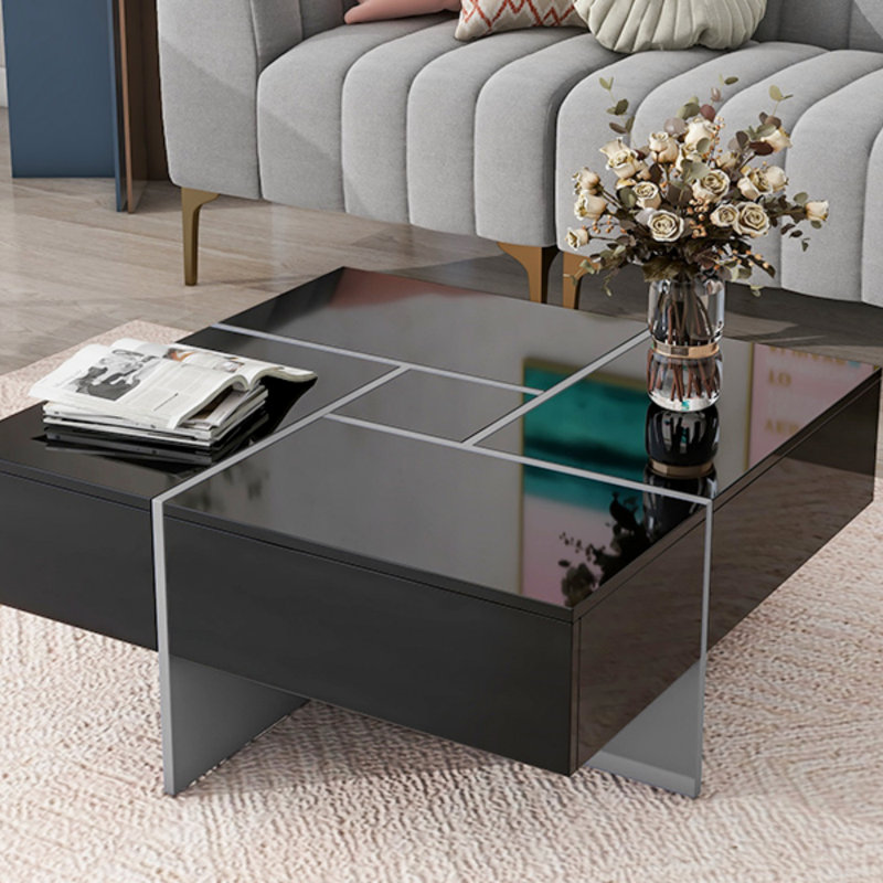 Table basse 31,5 "x 31,5", conception unique avec 4 compartiments de rangement cachés, table basse carrée avec plateau coulissant extensible, table centrale ultrabrillante UV