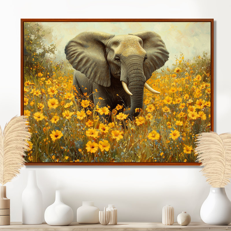 Éléphant de Gulbranson dans les prairies fleuries - éléphant, art mural grand, H 12 po x l 20 po, Floater Framed, Brun