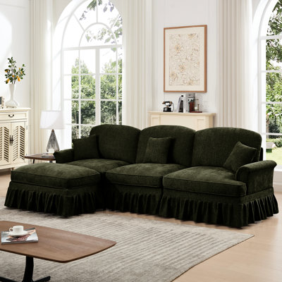 Mid Century Three Seater Sectional Couch With Flared Arms, Movable , And Removable Ruffles, Chenille Fabric 3 - Modular L Shaped Ruffles Pleats Skirts