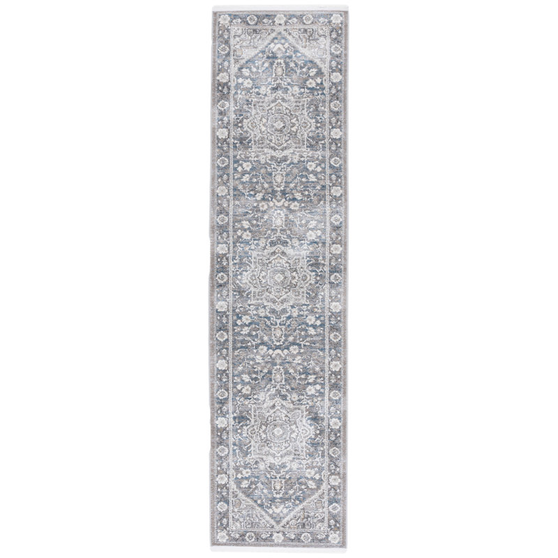 Oriental Area Rug in Grey / Blue, Runner 2' x 8', Blue